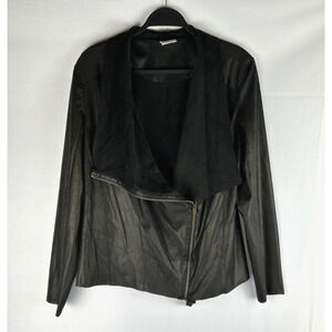 Anthro Mote Faux Leather Jacket Size Large Black Gold Asymmetric Zip Lightweight